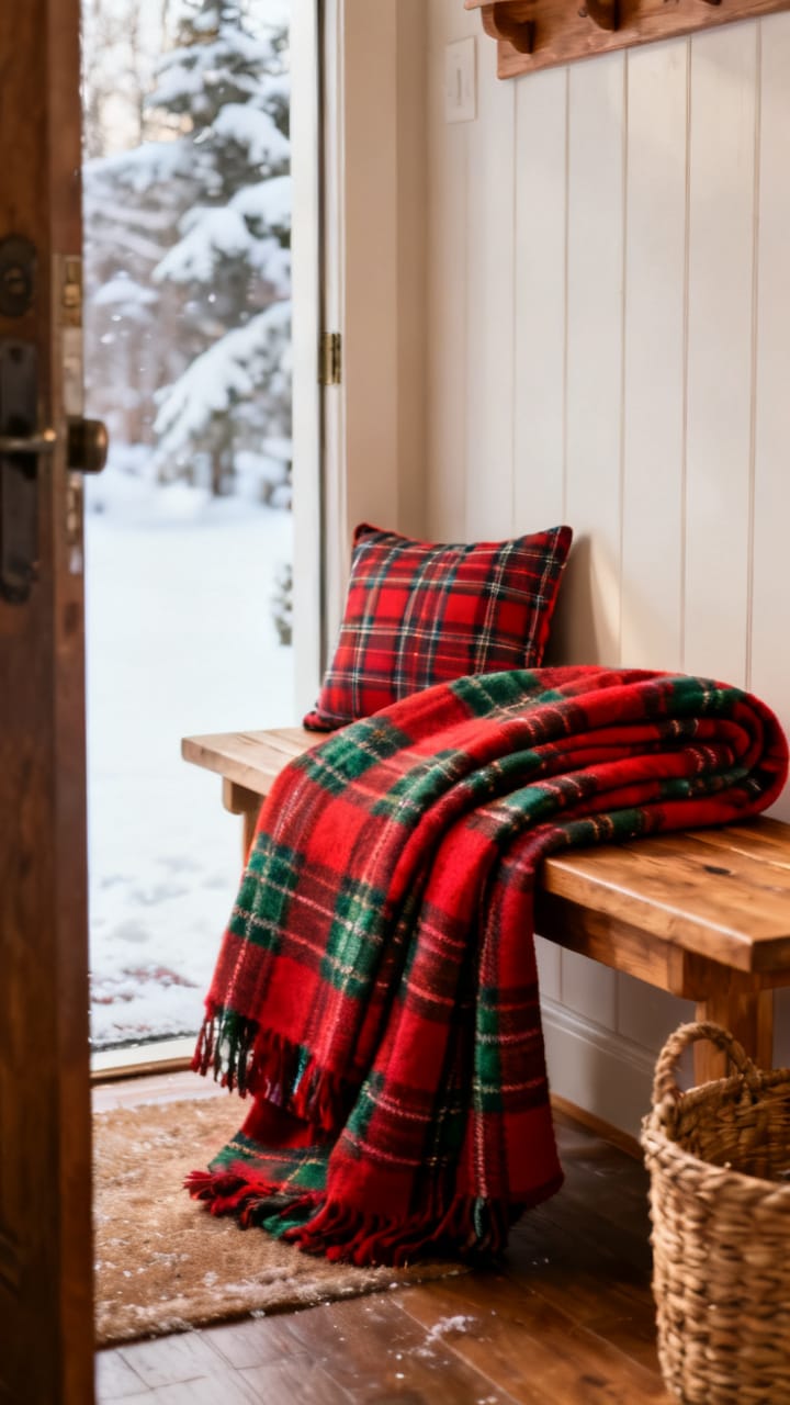 Photorealistic winter entryway with a red and green plaid throw blanket folded over a bench and a small plaid pillow, wood tones and a woven basket, warm cozy palette, soft winter light