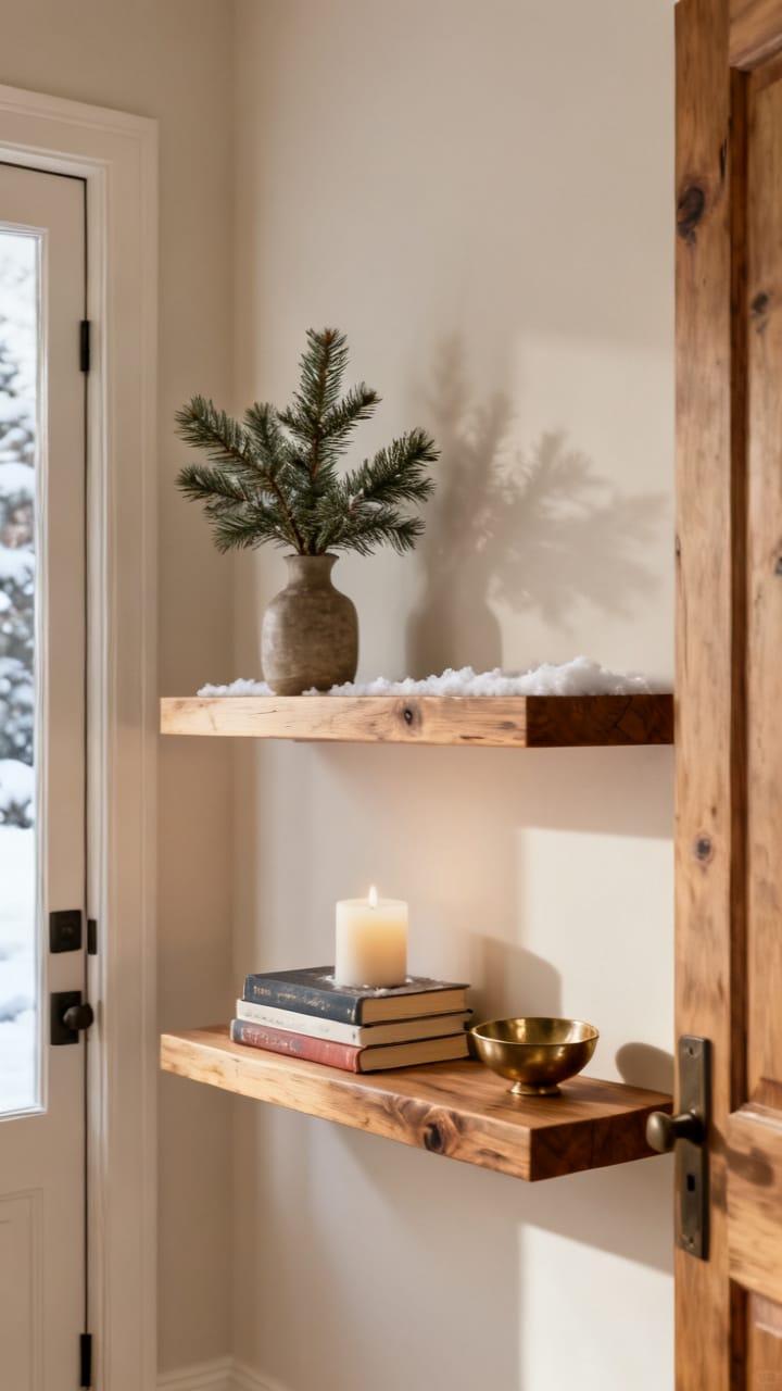 Photorealistic two floating wood shelves in an entryway styled for winter with small evergreen sprigs in a vase, a stack of books, a candle and a tiny brass bowl, warm neutral palette, soft daylight
