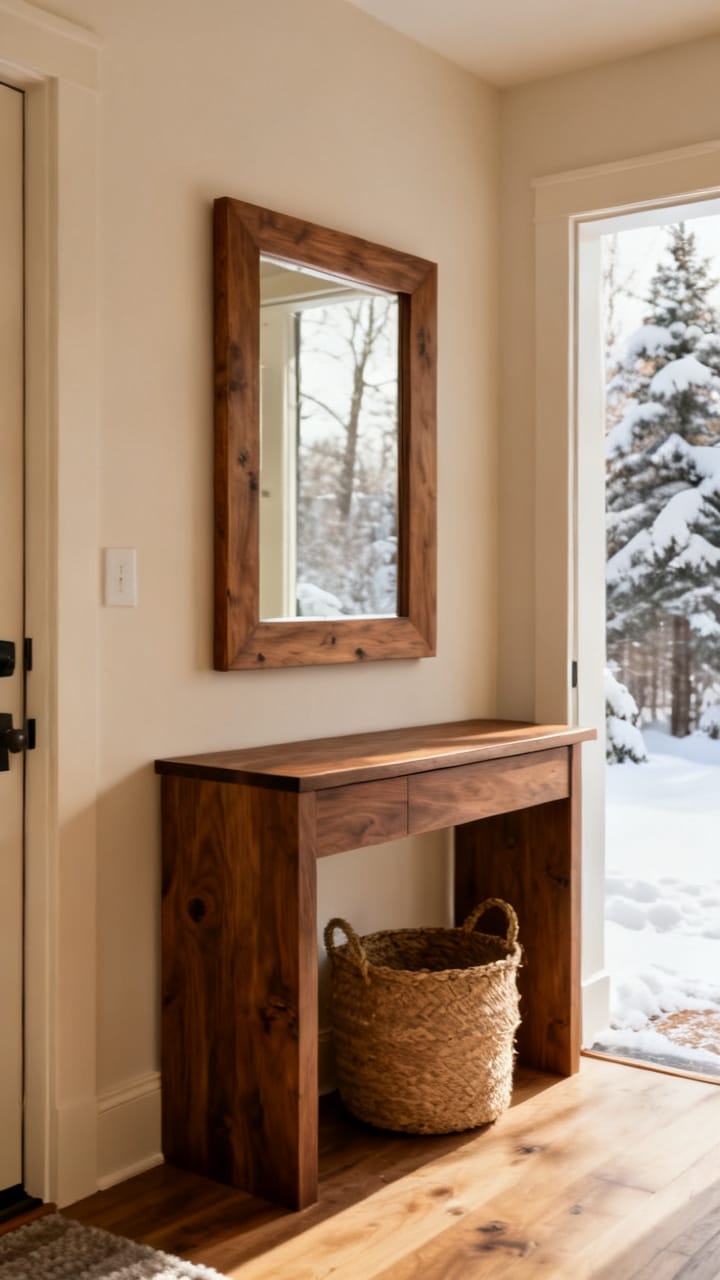 Photorealistic winter entryway grounded in warm wood tones, a walnut console, a wood-framed mirror and a woven basket, soft cream accents, warm winter daylight, natural wood grain visible