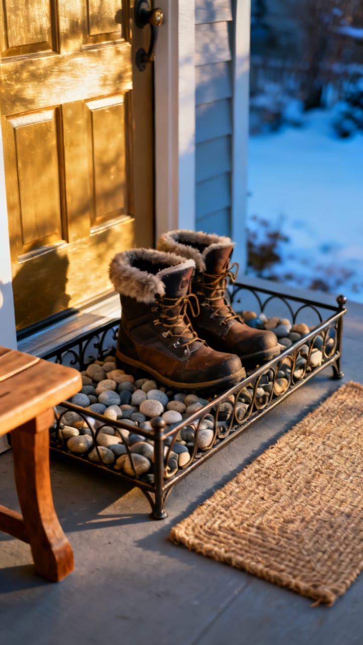Photorealistic ground-level stylish metal boot tray by a front door holding two pairs of winter boots on decorative pebbles, a jute mat and a wood bench leg beside it, cool-to-warm winter light