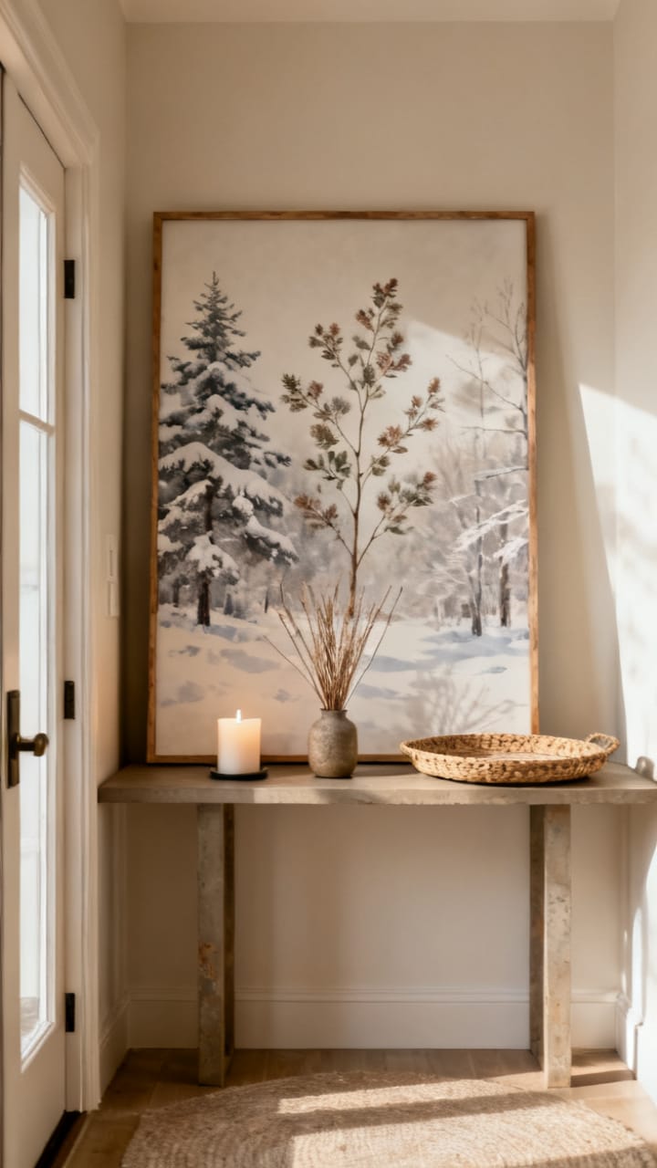 Photorealistic single large framed winter botanical print leaning against the wall above an entry console, a candle, a small vase of dried stems and a woven tray below, warm neutral palette, soft daylight