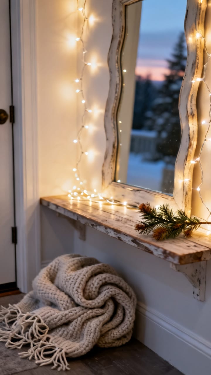 Photorealistic entryway with warm white string lights softly draped along a wood shelf and a mirror frame, glowing gently at dusk, a knit throw and a small evergreen sprig nearby, cozy winter mood