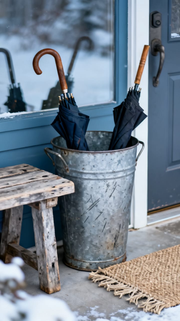 Photorealistic rustic galvanized umbrella stand by a front door holding a couple of umbrellas, beside a wood bench and a jute mat, cool winter daylight from the door