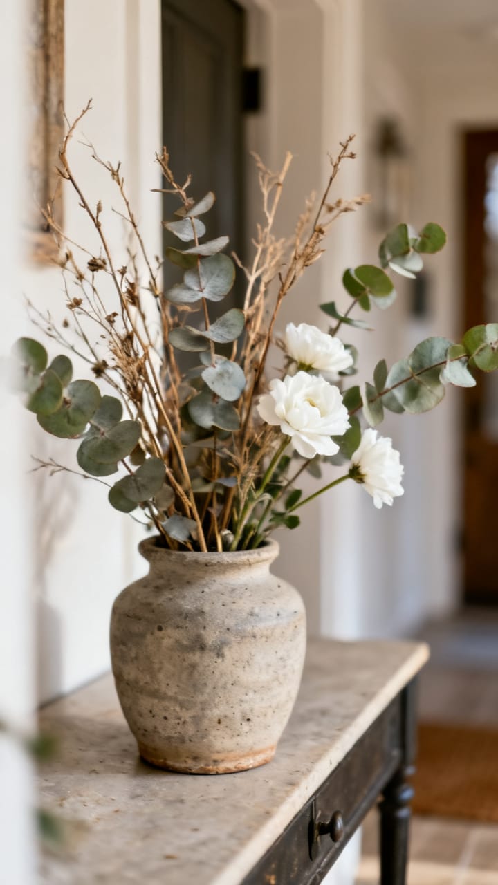 Photorealistic closeup small winter arrangement of dried stems, eucalyptus and a few white blooms in a stoneware vase on an entry console, soft warm daylight, shallow depth of field
