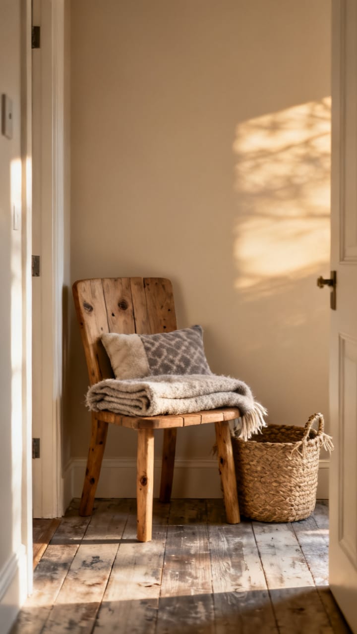 Photorealistic cozy entryway corner with a small wood accent chair topped with a folded wool throw and a small pillow, a woven basket beside it, warm neutral palette, soft winter daylight
