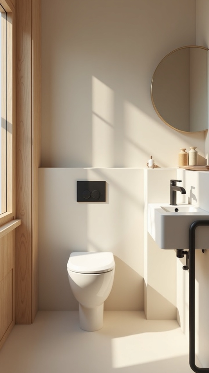 Japandi bathroom corner in warm off-white and light oak with matte black accents