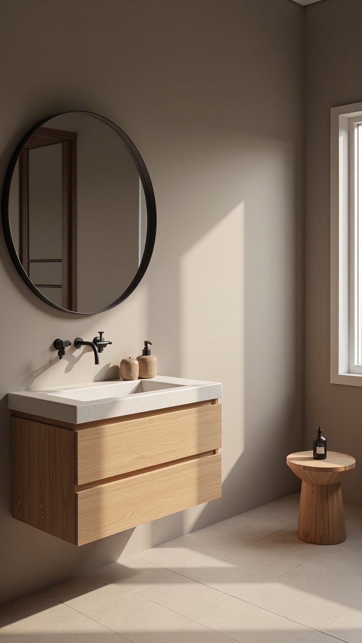 Japandi bathroom in putty grey and mushroom tones with an oak vanity