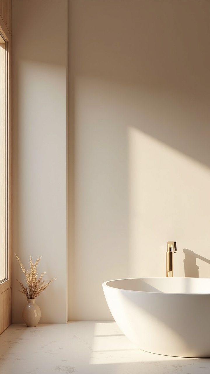Japandi bathroom in soft taupe and cream with pale honed stone and light wood