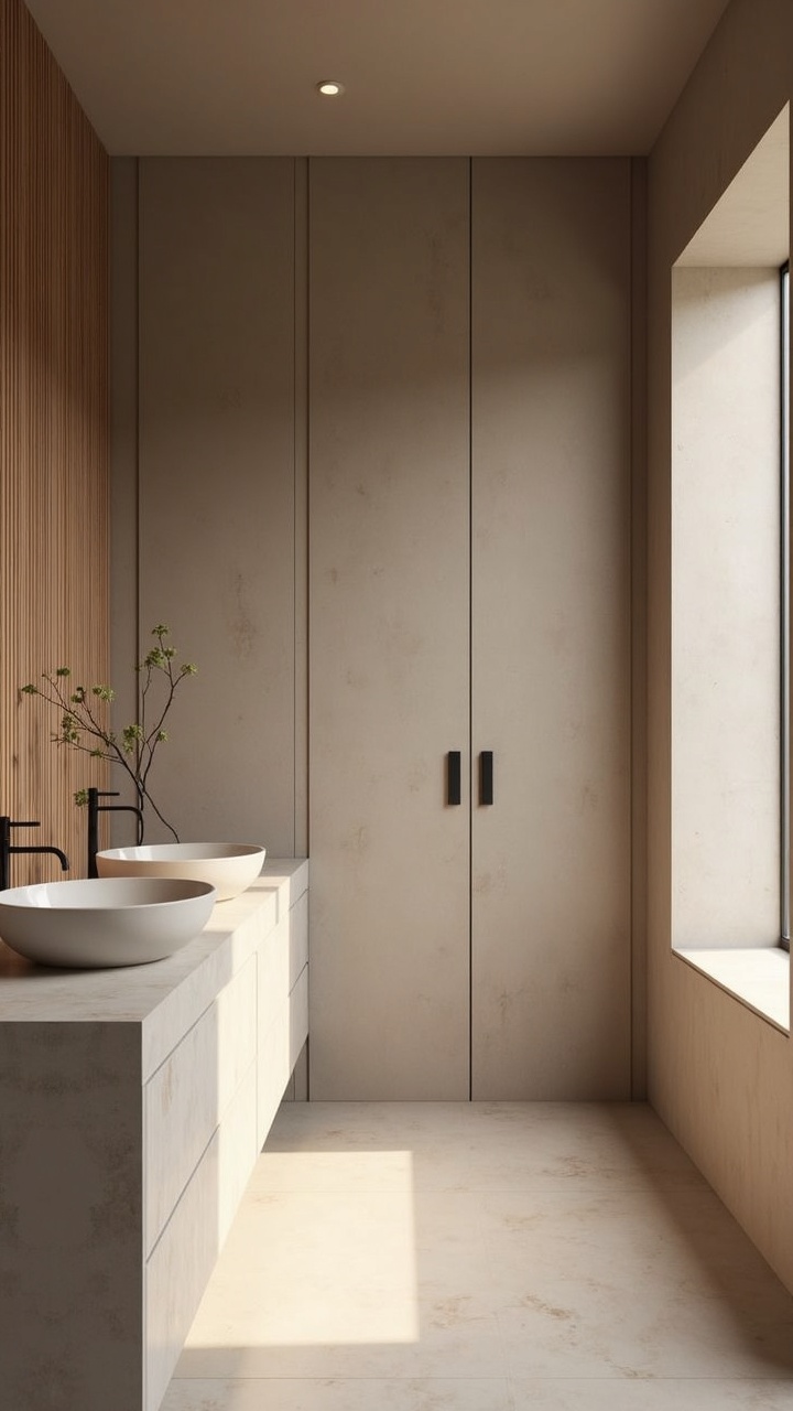 Japandi bathroom in warm greige with charcoal accents and bamboo details