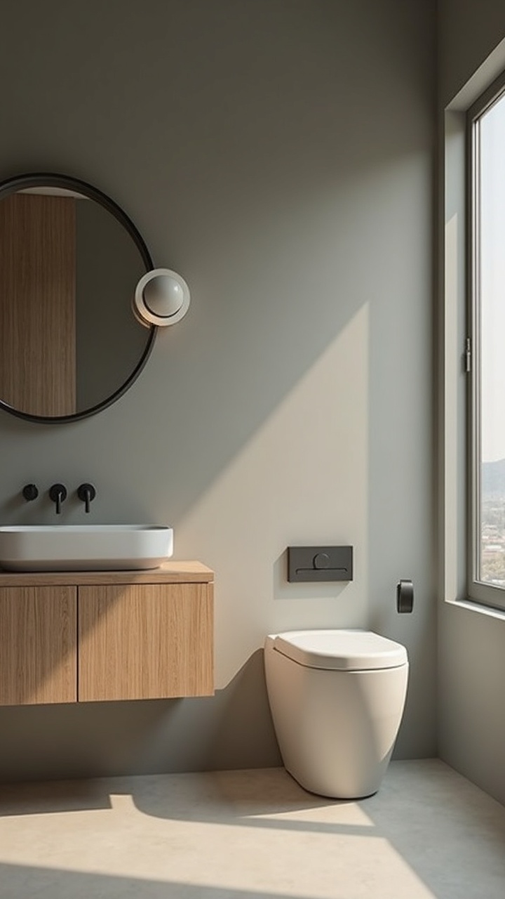 Japandi bathroom in muted sage grey with natural oak and matte black tapware