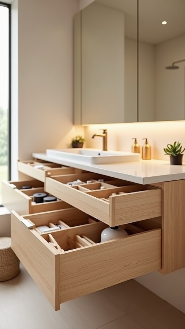 Light oak vanity with deep drawers and organized toiletries in a japandi bathroom