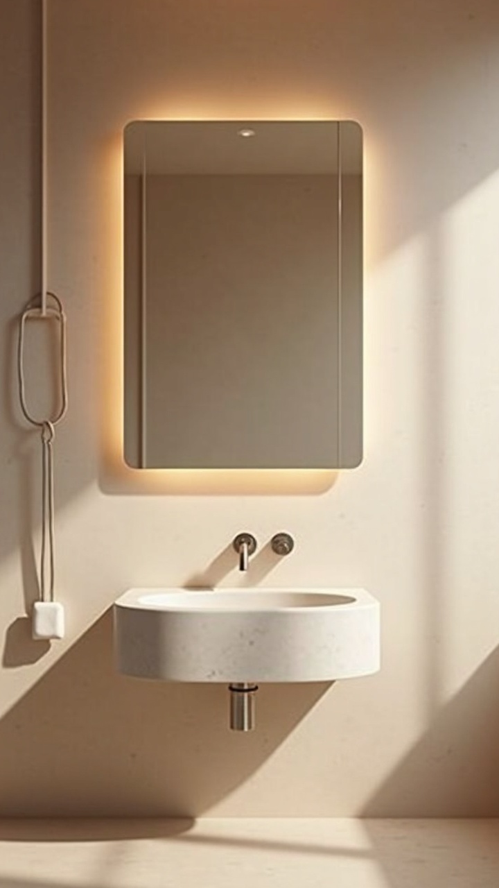 Recessed mirrored medicine cabinet with soft glow above a pale stone basin