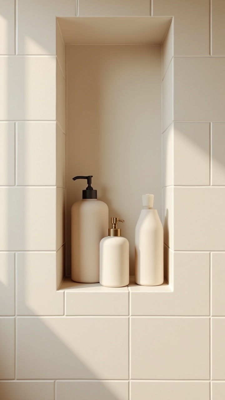 Tiled shower niche aligned with grout lines holding matching dispensers