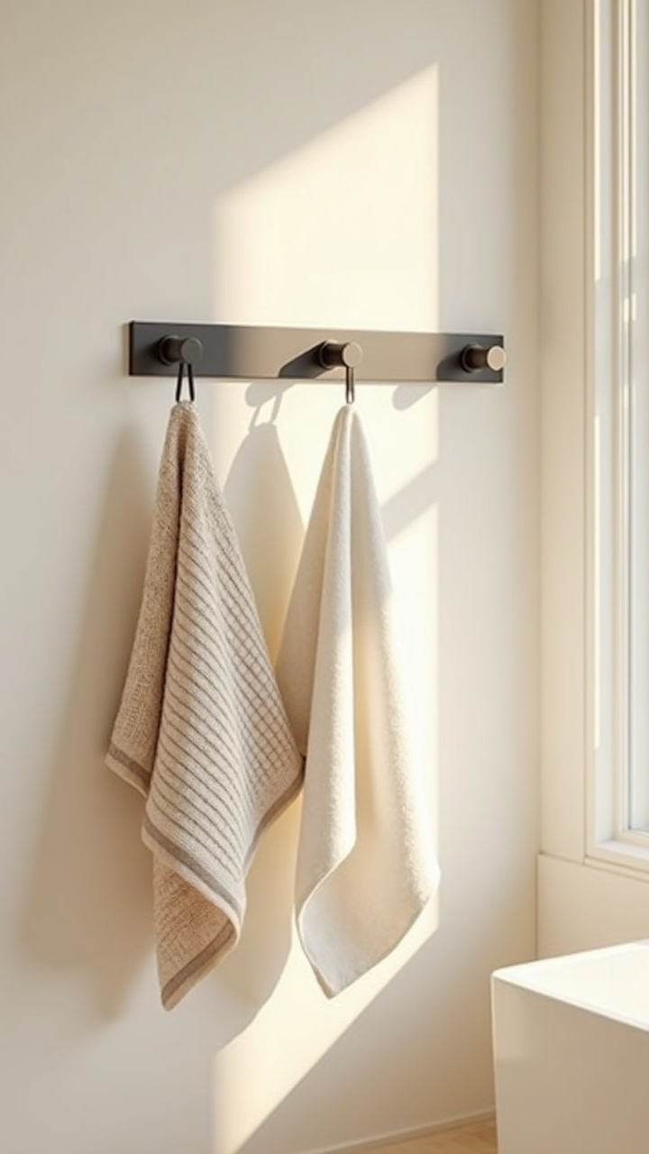 Row of minimalist matte black towel hooks with waffle towels on an off-white wall