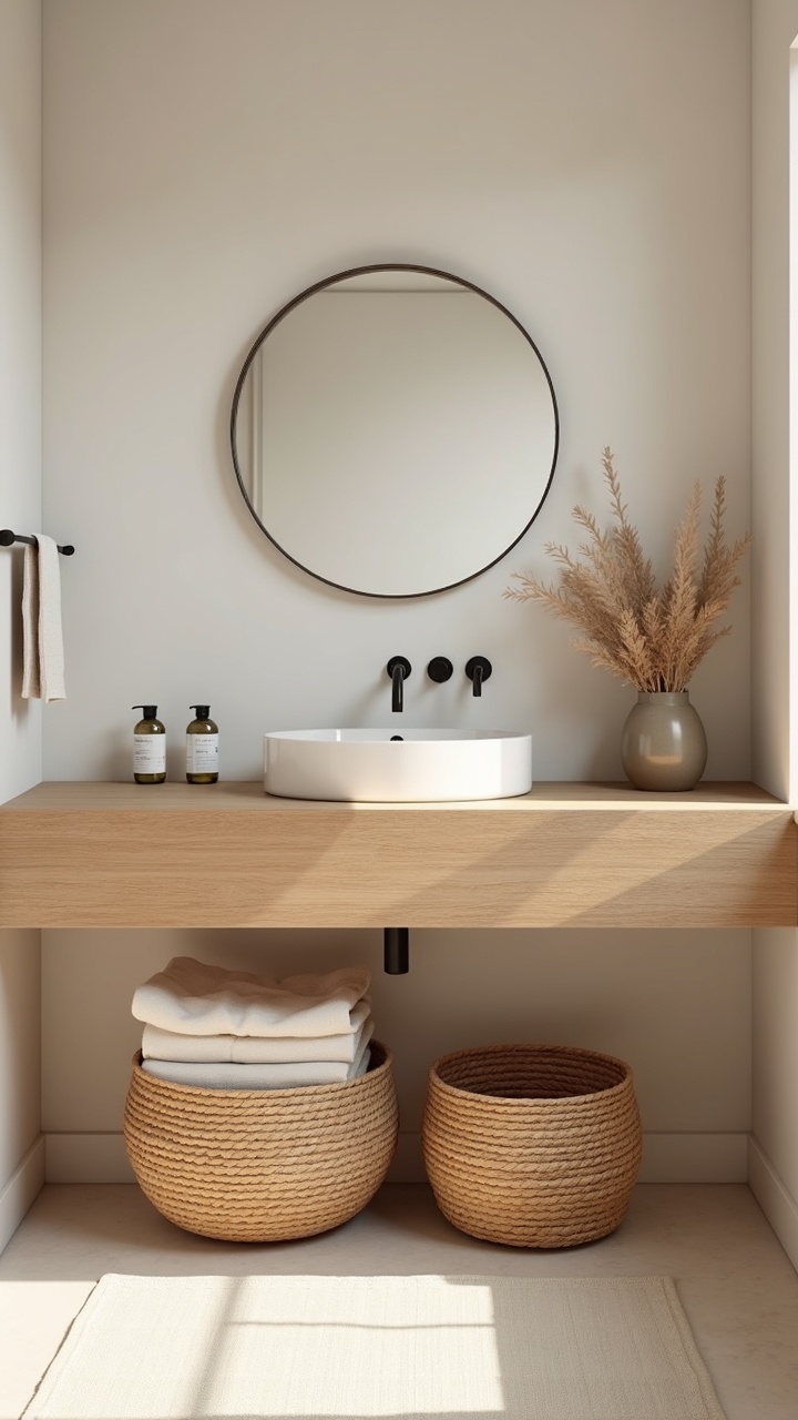 Woven baskets and folded linens tucked under a floating oak vanity