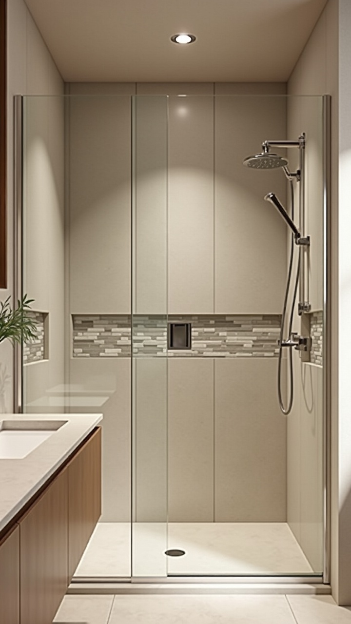 Frameless shower glass with stacked matte tile and mid-tone grout in a japandi bathroom