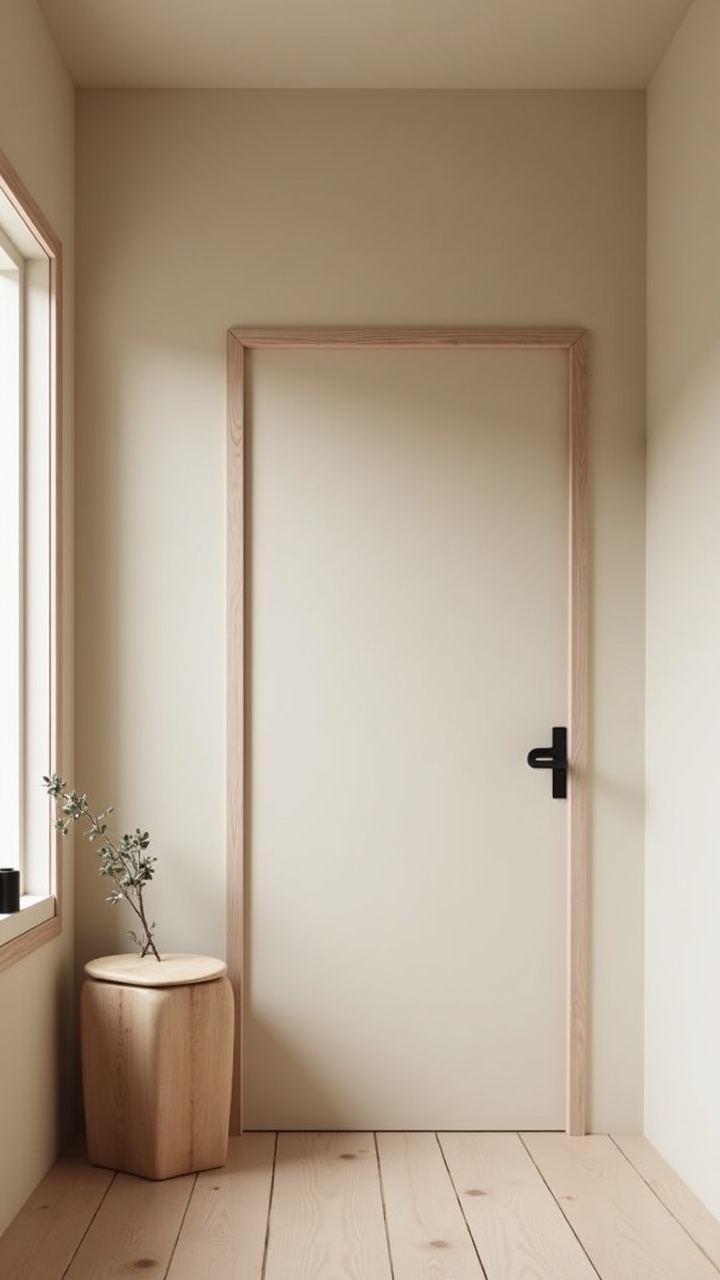 Matte eggshell wall meeting oak trim with cohesive matte black hardware