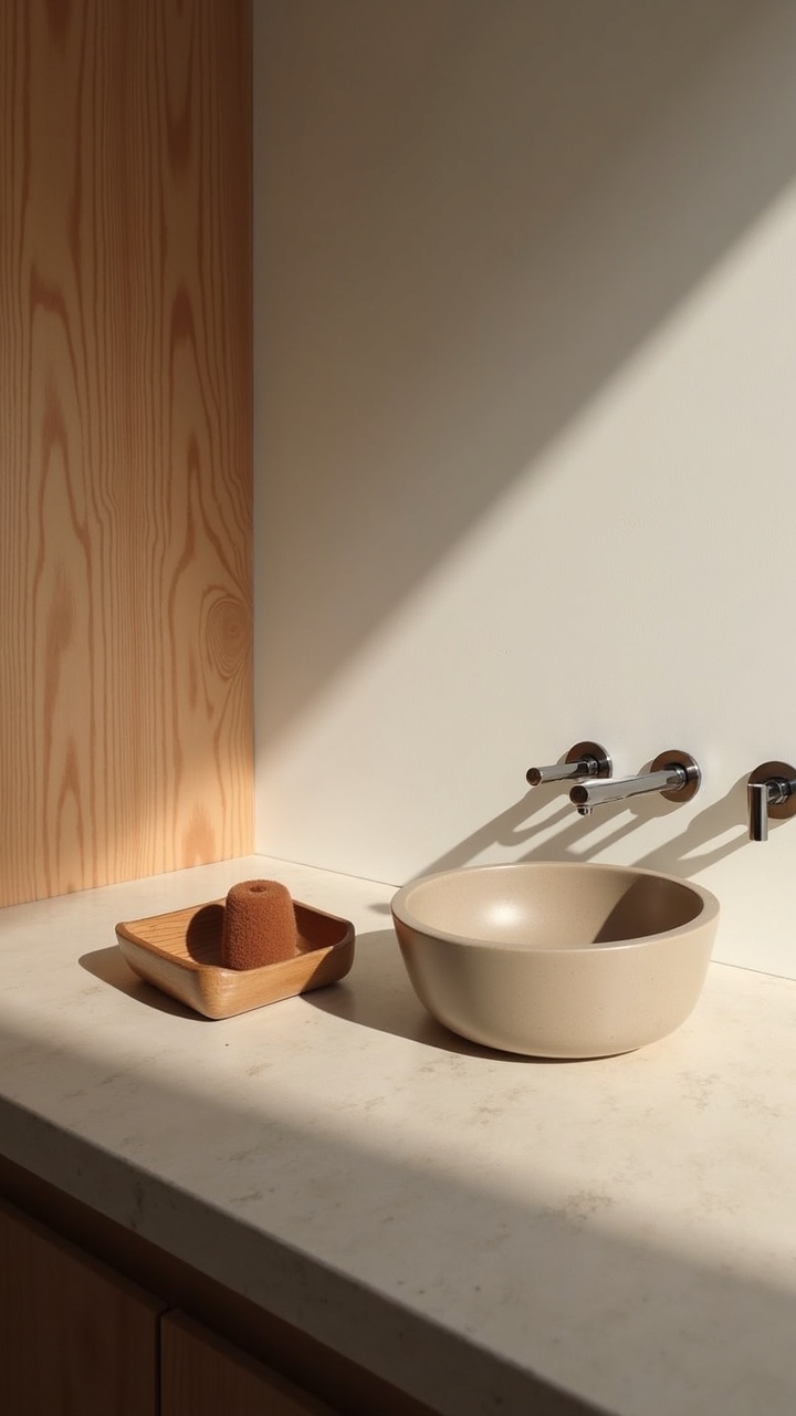 Honed stone counter with a ceramic tray and oak accents in a japandi bathroom