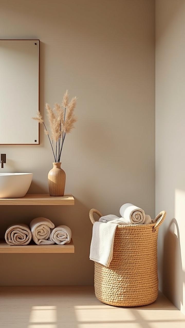 Large woven seagrass basket holding rolled towels beside an oak vanity