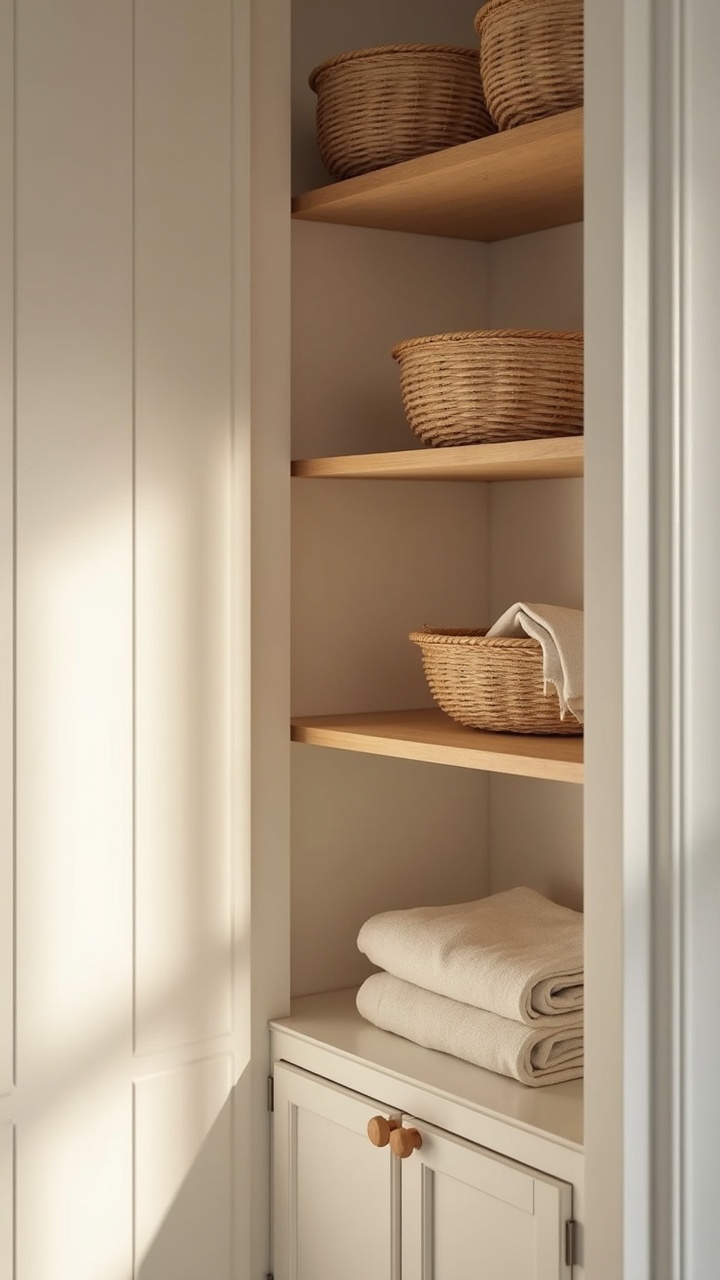 Small woven storage baskets on an open oak shelf with folded linens