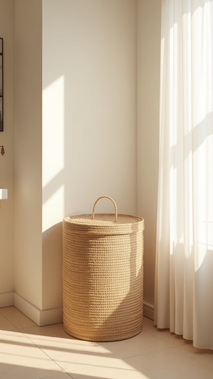 Natural fiber woven laundry hamper in a calm japandi bathroom corner