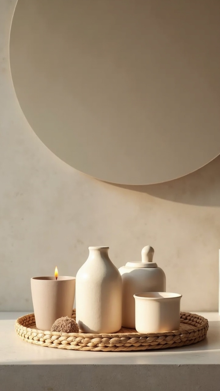 Shallow woven tray holding ceramic canisters and a candle on a stone counter