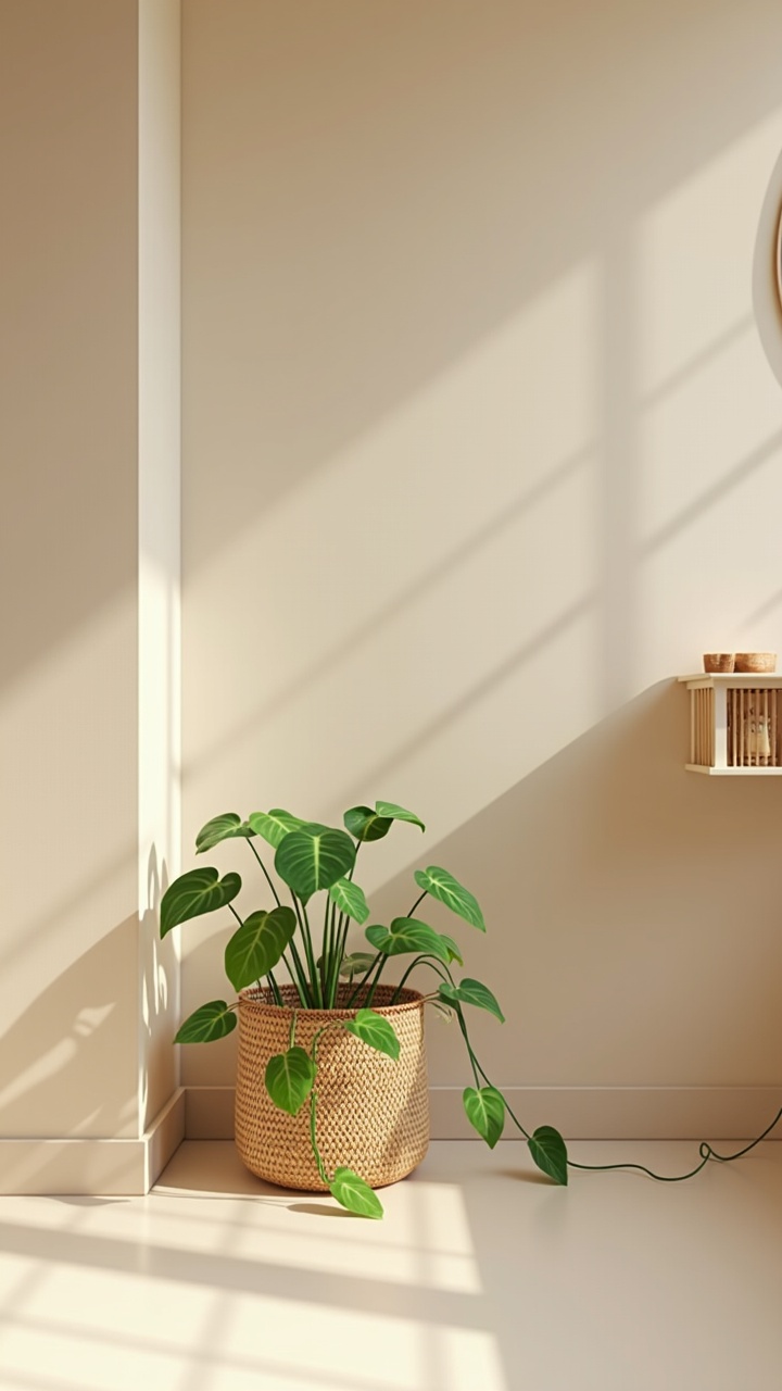Rattan basket with a trailing pothos plant on a japandi bathroom floor