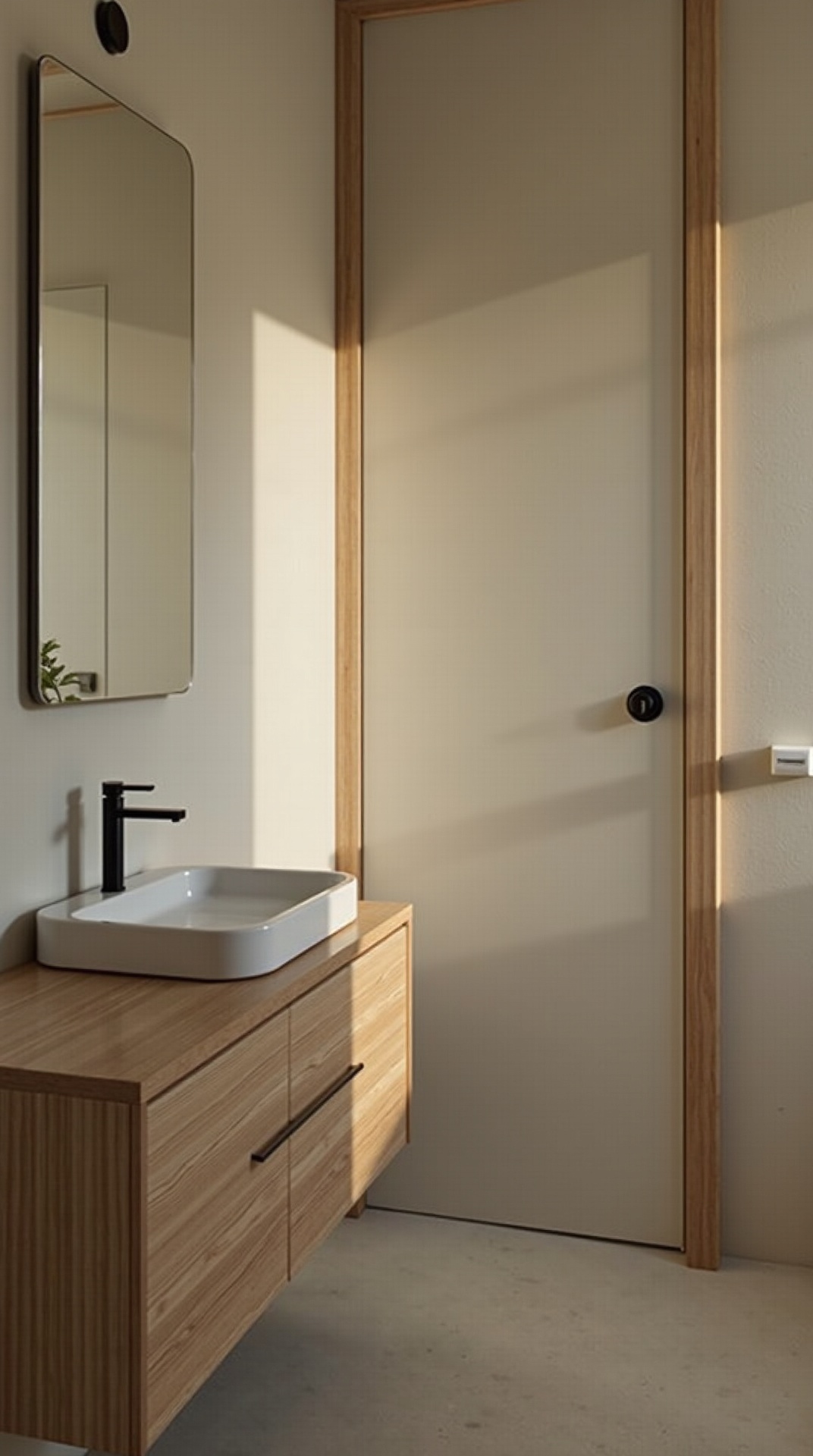 Serene japandi bathroom corner in warm off-white, light oak and putty grey with a matte black faucet accent