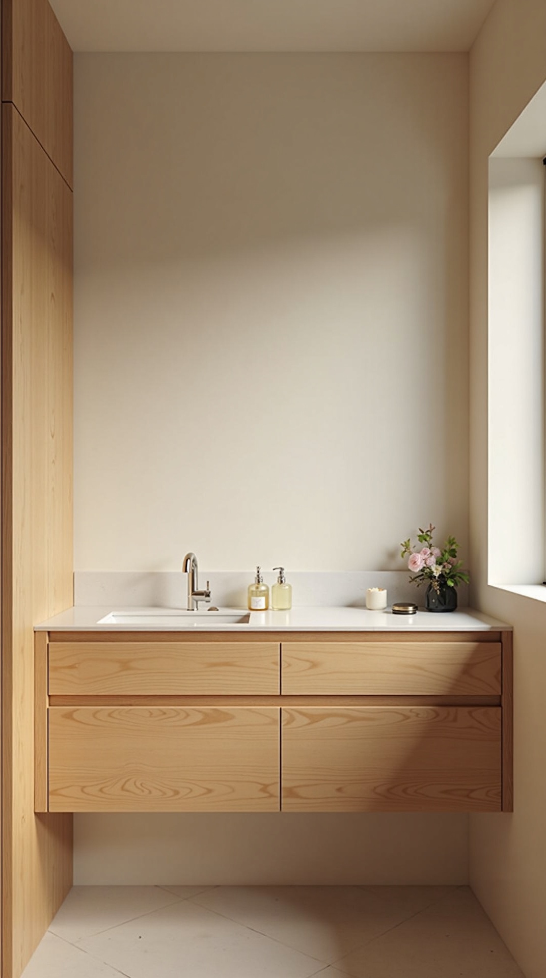 Minimal function-led japandi bathroom with clear counters and only daily-use items