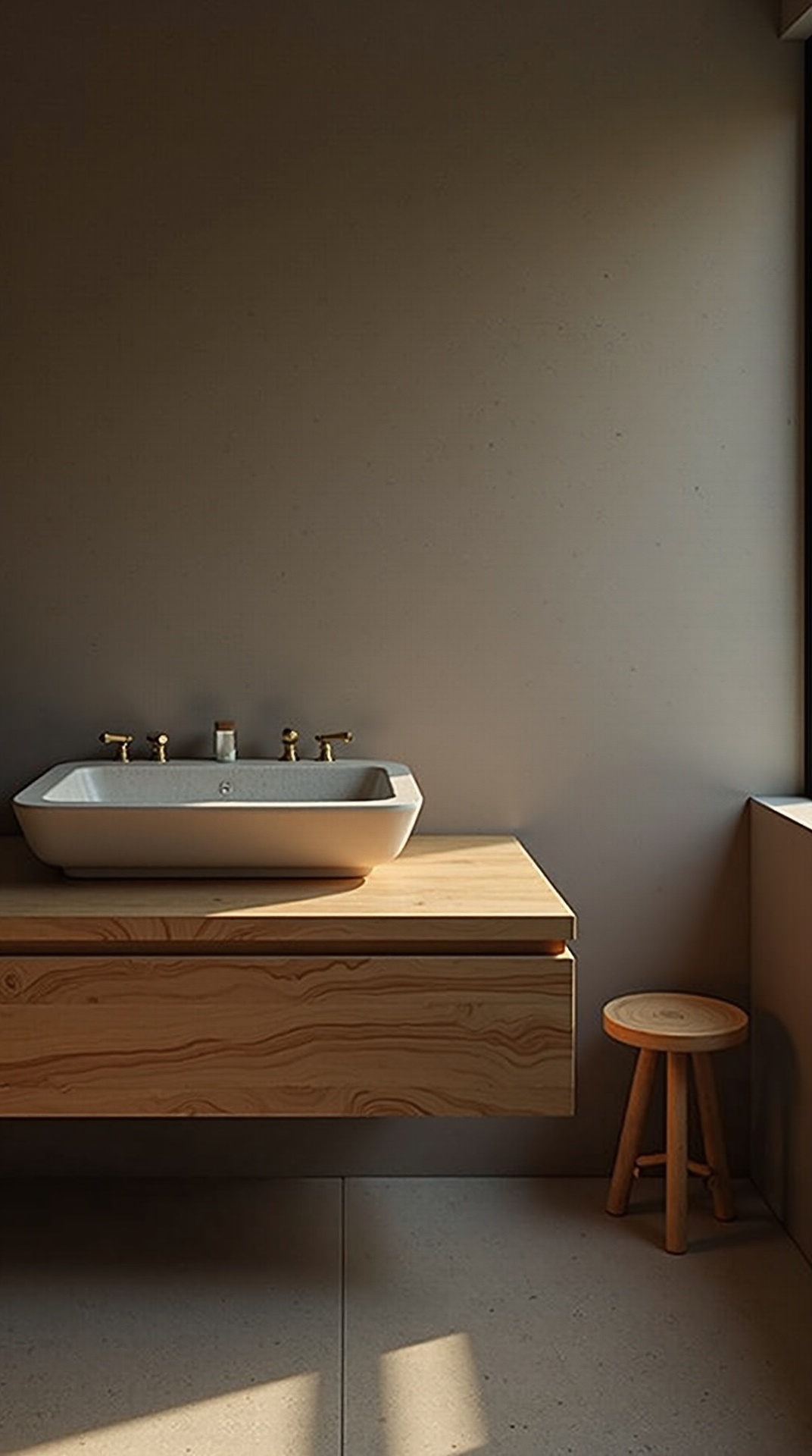 Oak vanity, honed stone counter, and textured porcelain tile in a japandi bathroom