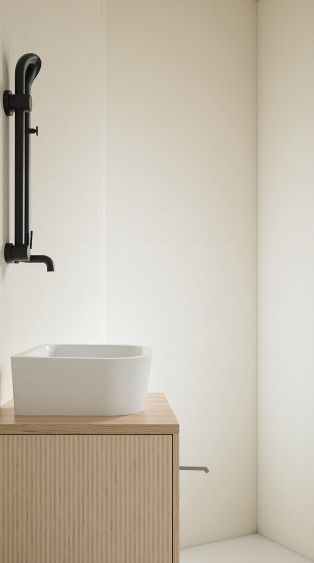 Wall-hung sink and matte black fixtures with clean silhouettes in a japandi bathroom