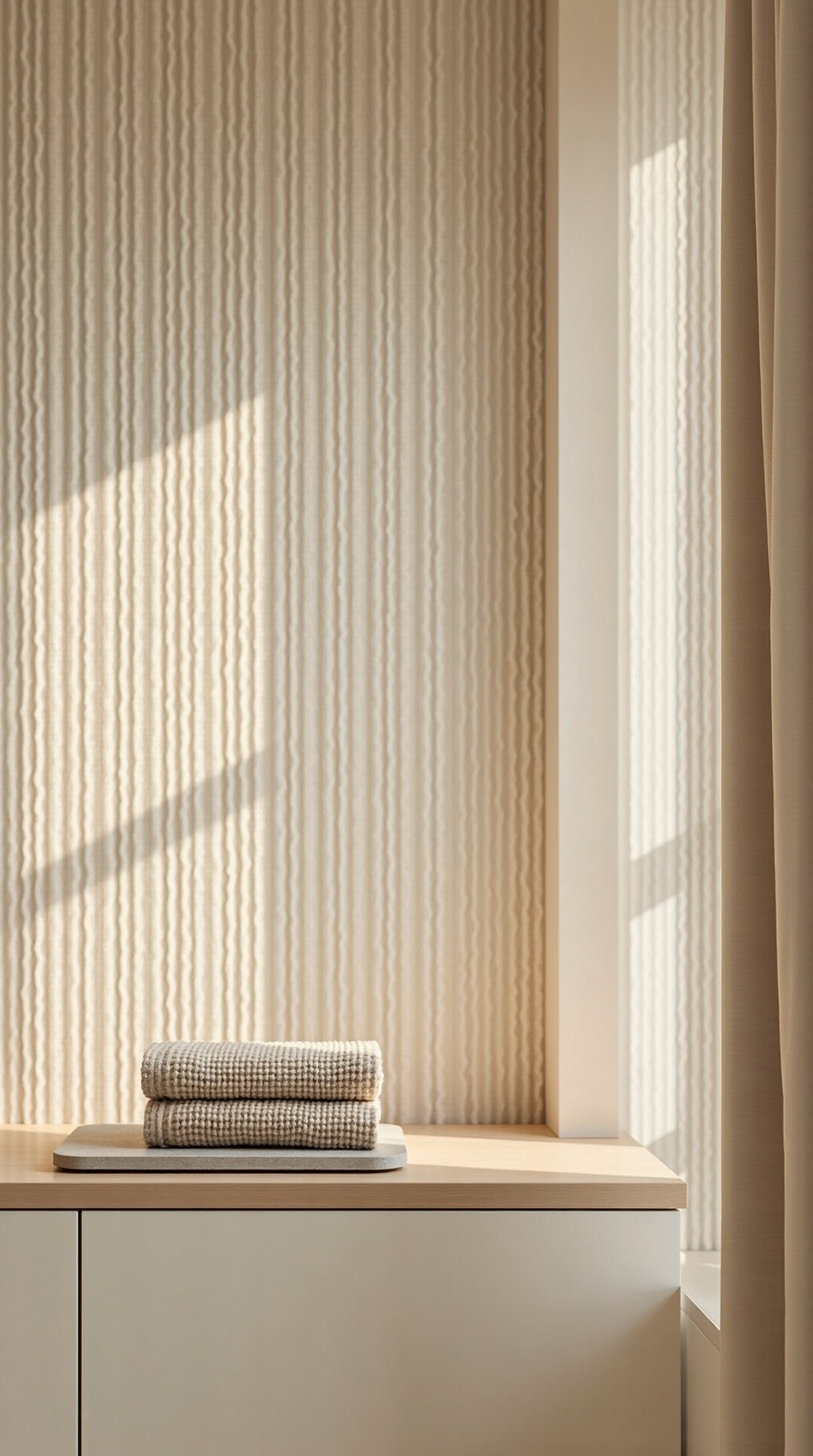 Ribbed tile feature wall, waffle towels, and stone tray layering texture in a japandi bathroom