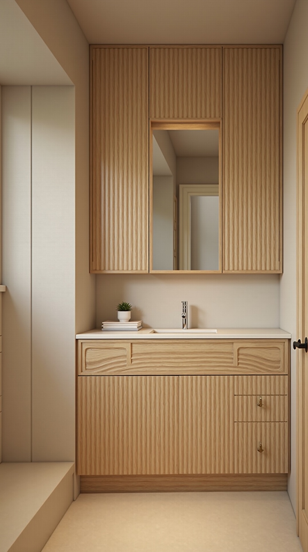 Thoughtful hidden storage in a japandi bathroom with a light oak vanity, recessed mirrored cabinet and tidy shower niche