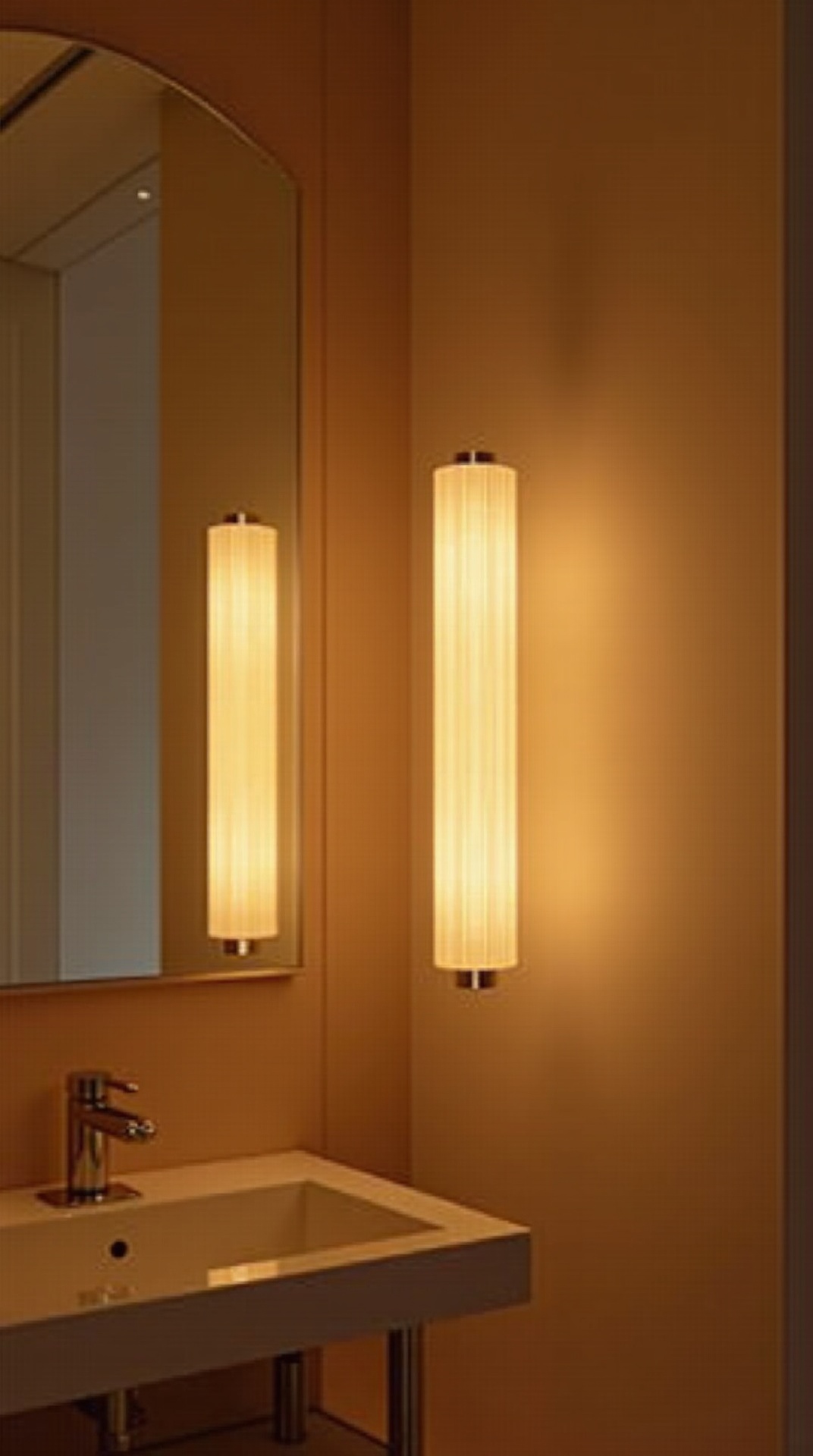 Layered warm lighting with sconces and under-vanity glow in a japandi bathroom