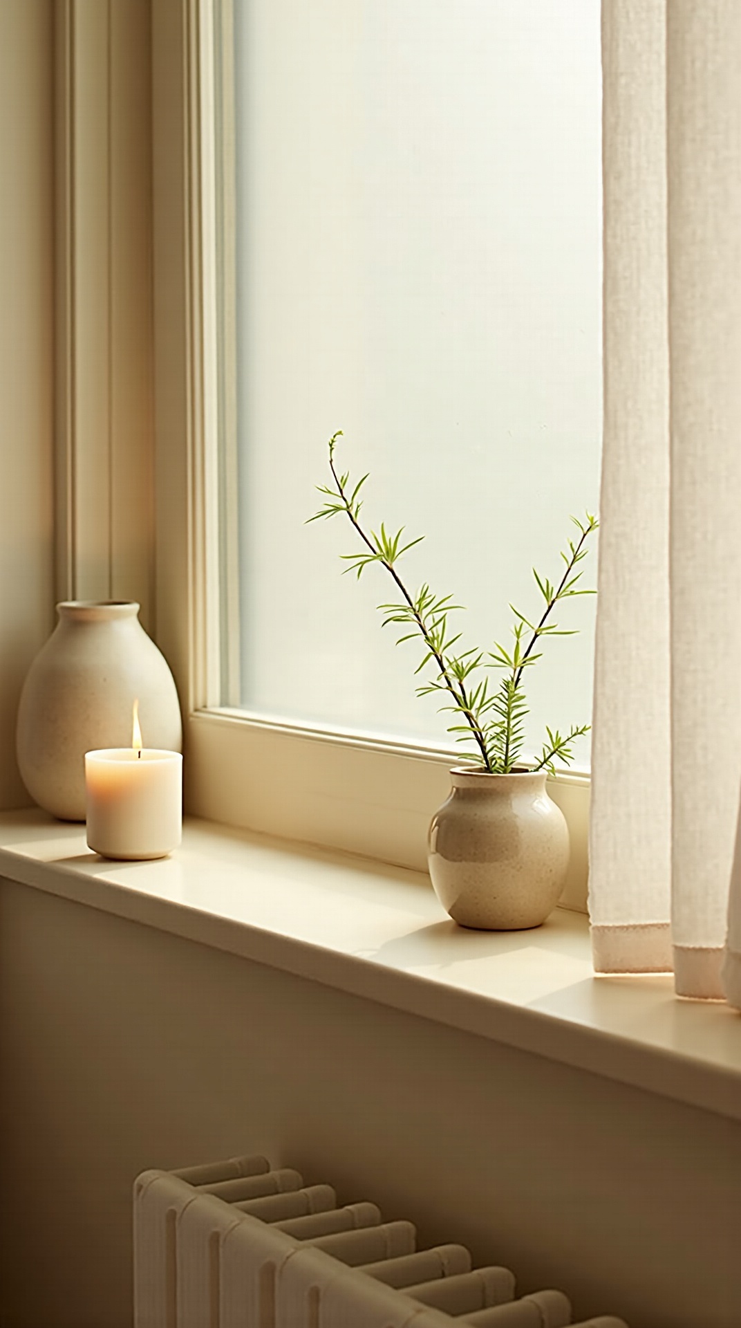 Fern and single branch in a stoneware vase by a frosted window in a japandi bathroom