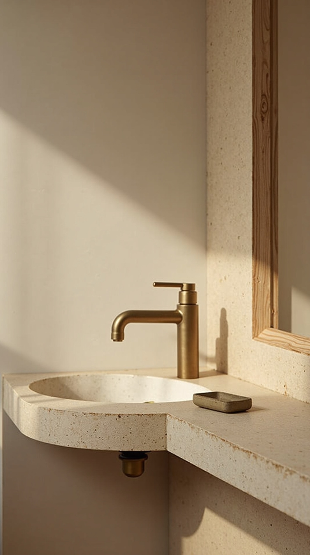 Hand-thrown ceramic soap dish and aged brass faucet showing gentle patina in a japandi bathroom