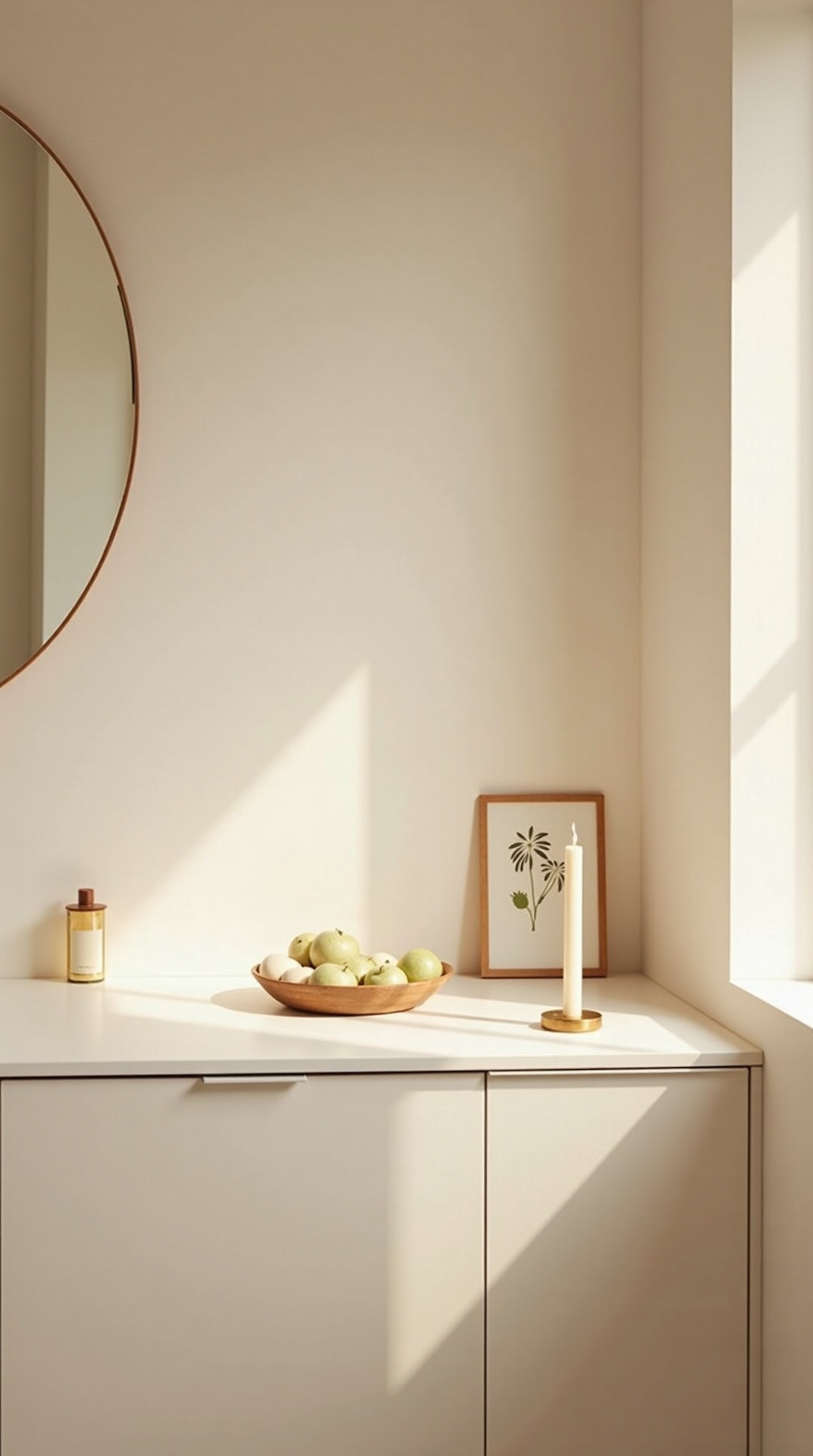 Frameless mirror, one botanical print, and a single candle in a purposeful japandi bathroom