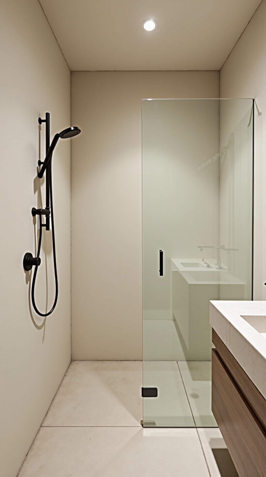 Practical easy-care finishes in a japandi bathroom with large-format matte tile, frameless shower glass and matte black hardware