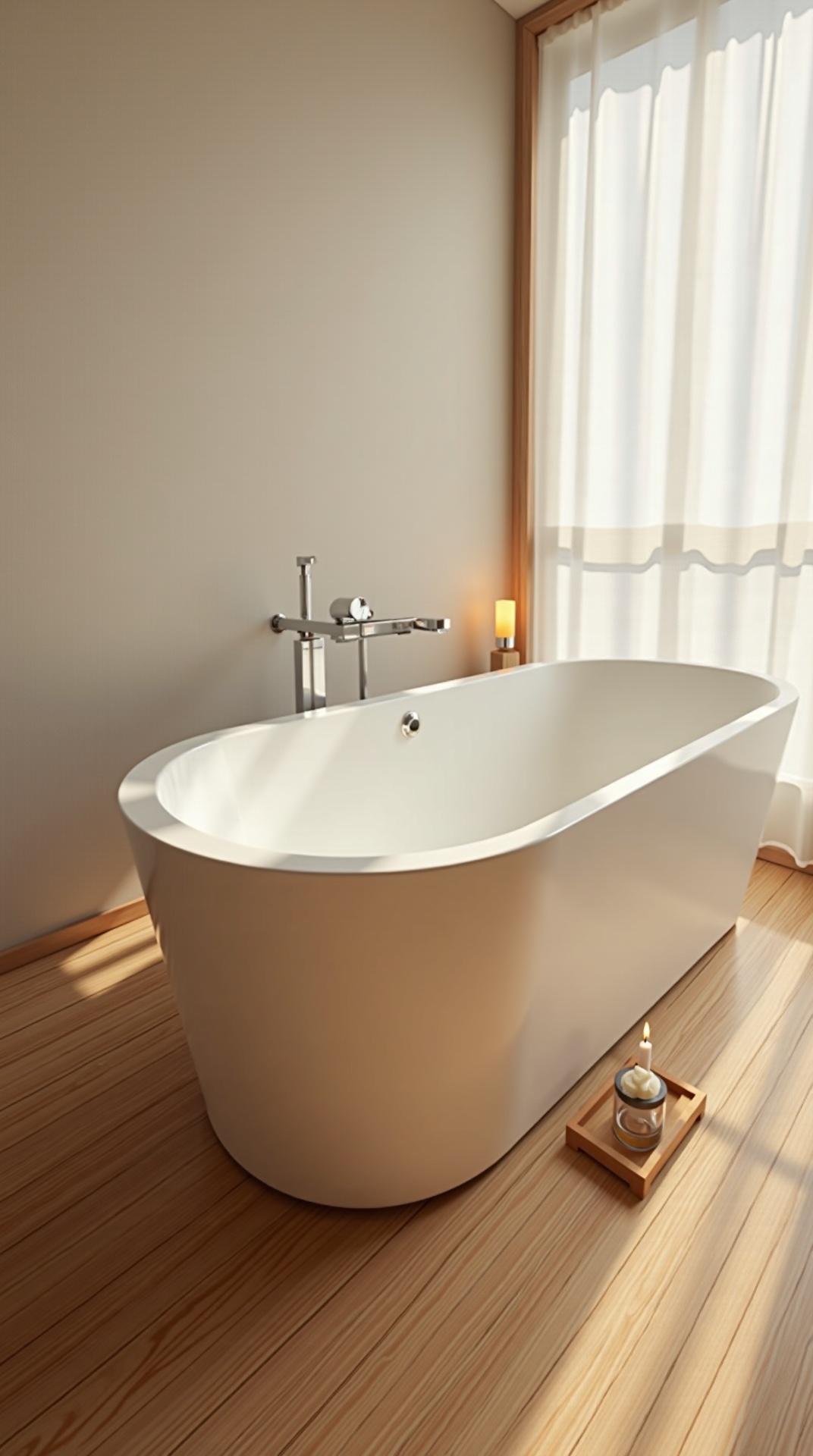 Freestanding soaking tub with soft edges on oak flooring in a japandi bathroom