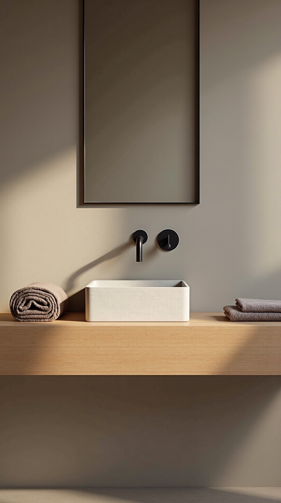 Warm oak floating vanity with honed stone counter and matte black tap in a japandi bathroom