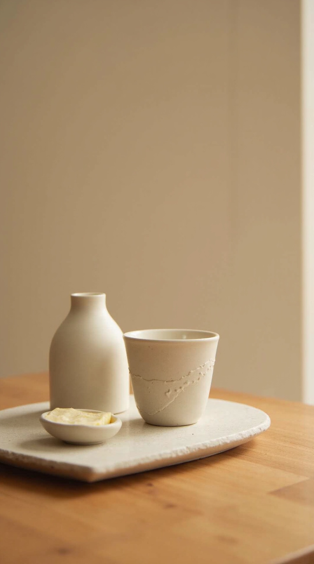 Handmade ceramic soap dish, cup, and vase with soft glaze on a stone tray in a japandi bathroom