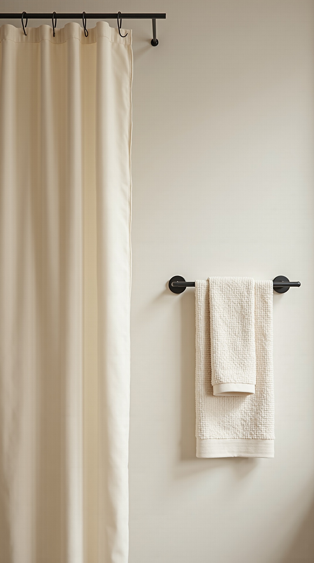 Waffle towels on a matte black rail and a linen shower curtain in a japandi bathroom