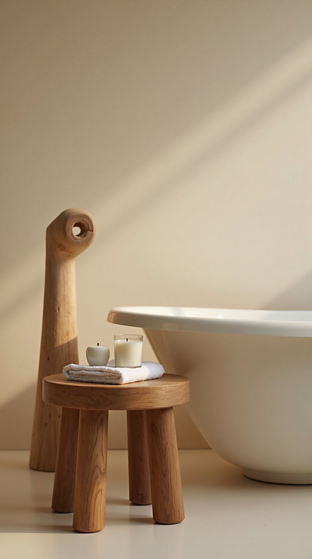 Low carved oak bath stool beside a freestanding tub holding a rolled towel and a candle in a japandi bathroom