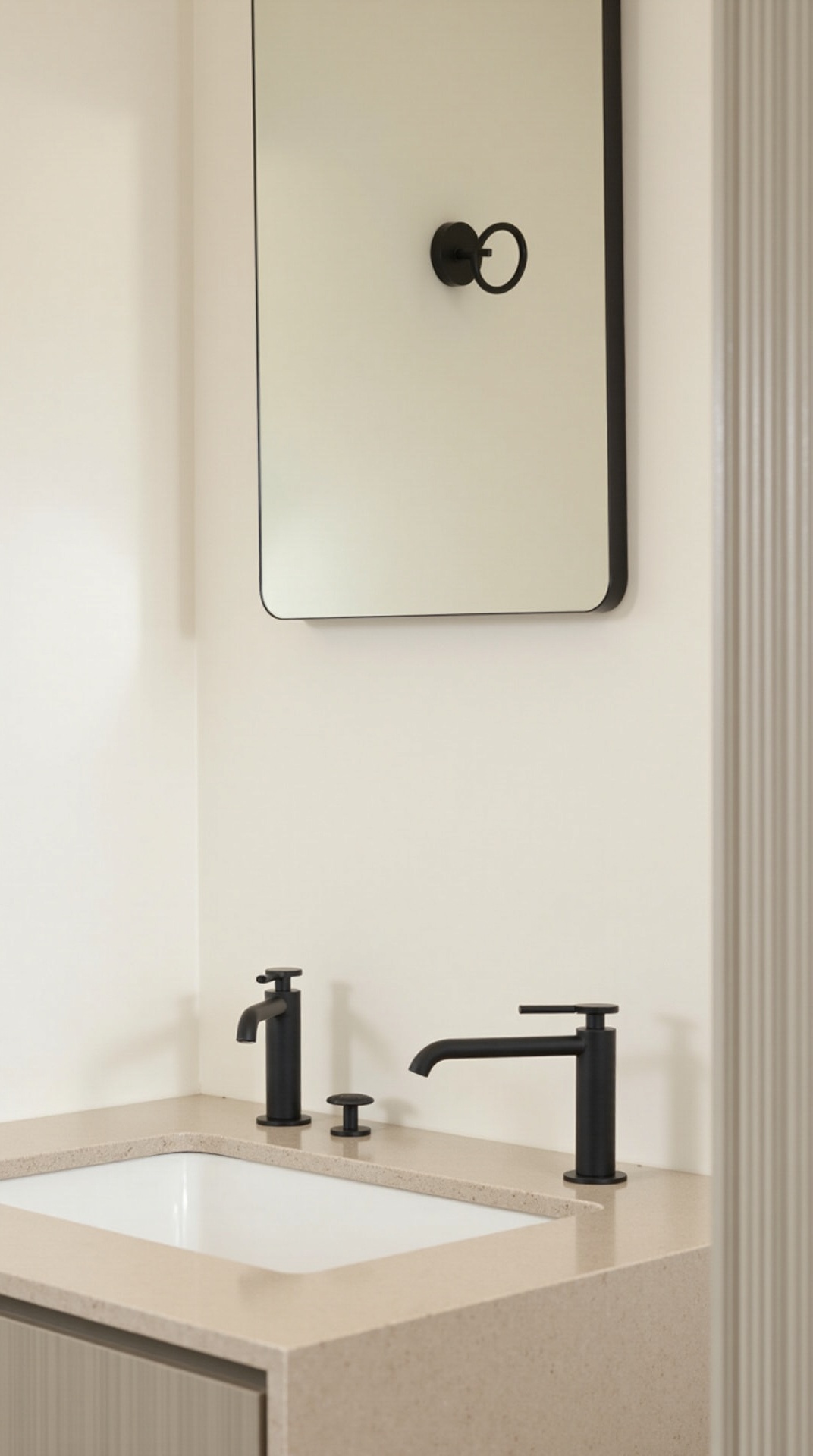 Matte black faucet, hook, and mirror frame with consistent finish in a japandi bathroom