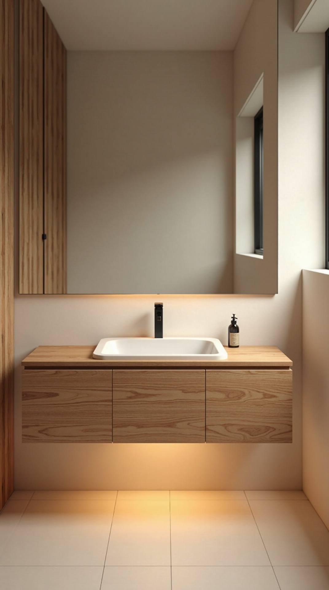 Floating wood vanity showing pale tile beneath with soft LED underglow in a japandi bathroom