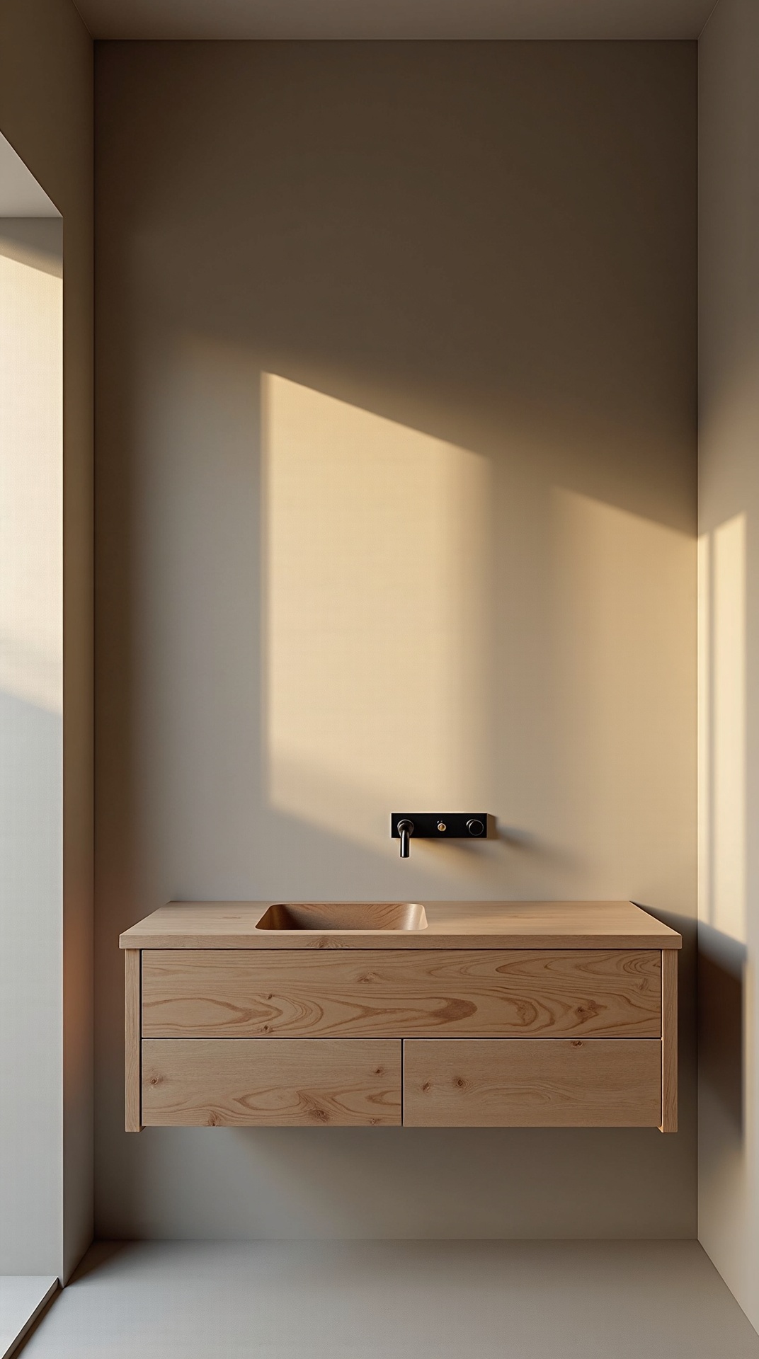 Seamless micro-cement plaster walls in warm putty grey with oak vanity in a japandi bathroom