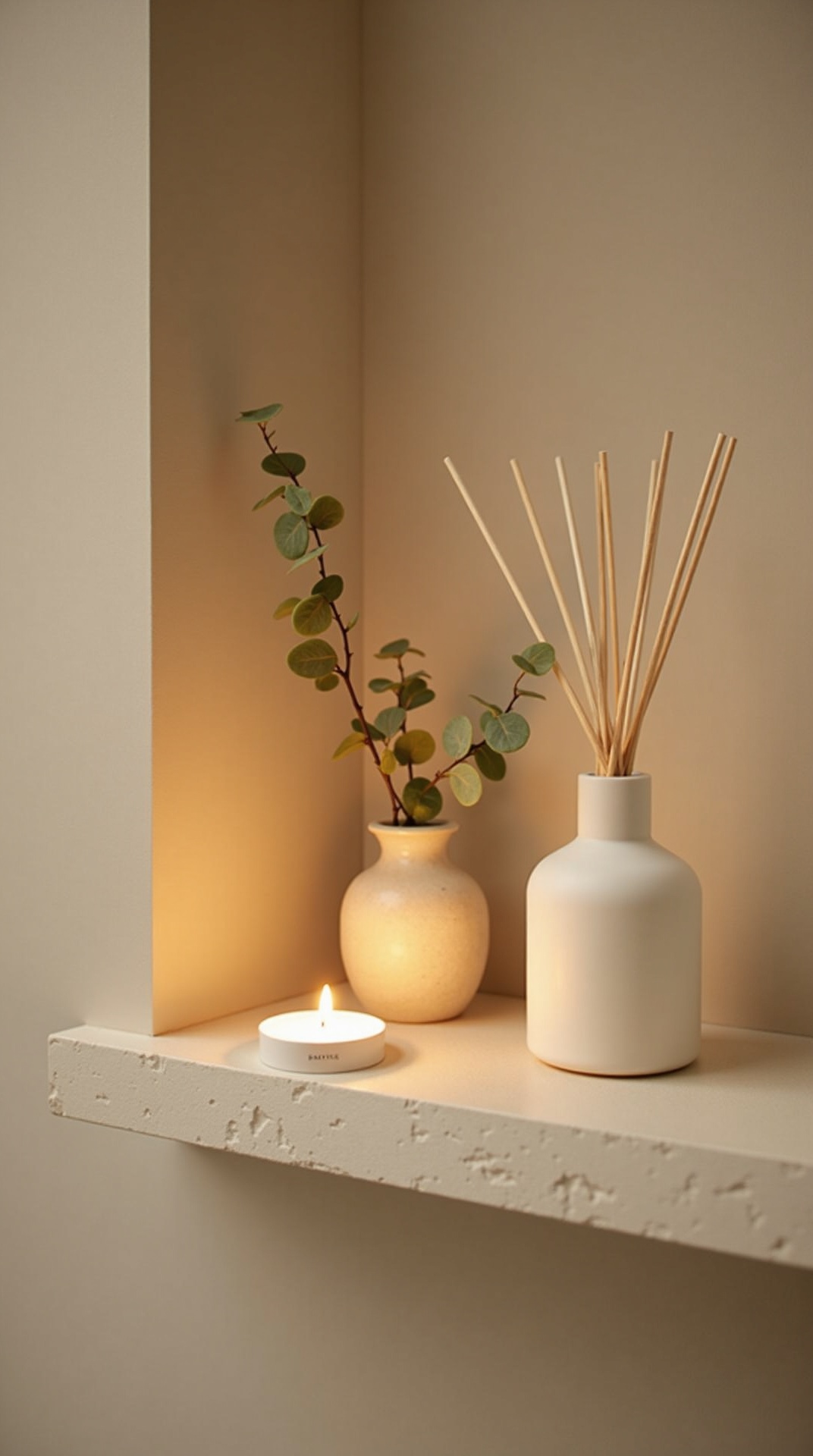 Reed diffuser and a soft candle with eucalyptus on a stone shelf in a japandi bathroom