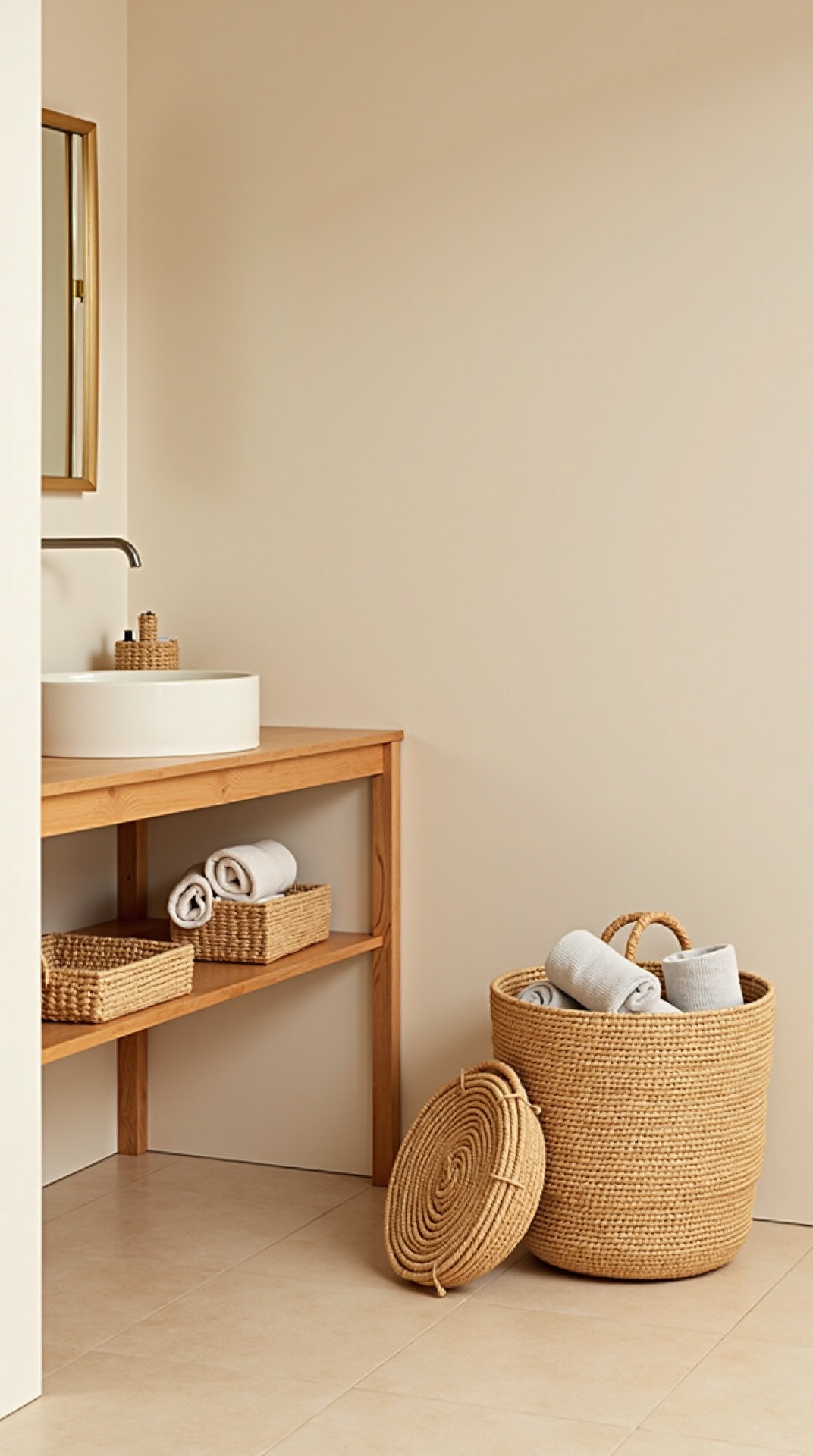 Woven natural-fiber baskets in a japandi bathroom, a large seagrass basket with rolled towels beside an oak vanity