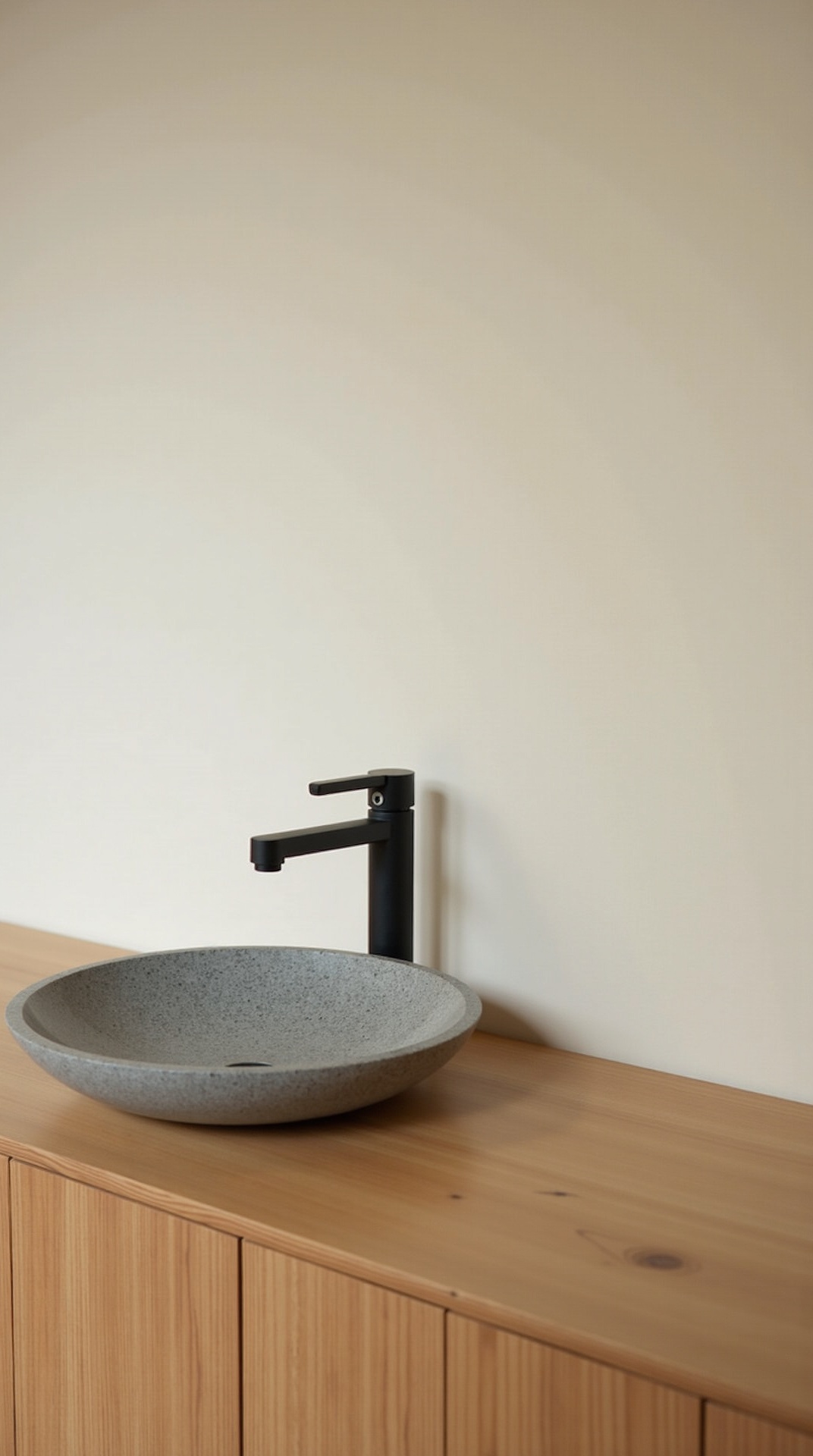 Sculptural grey stone vessel sink on a warm oak vanity in a japandi bathroom