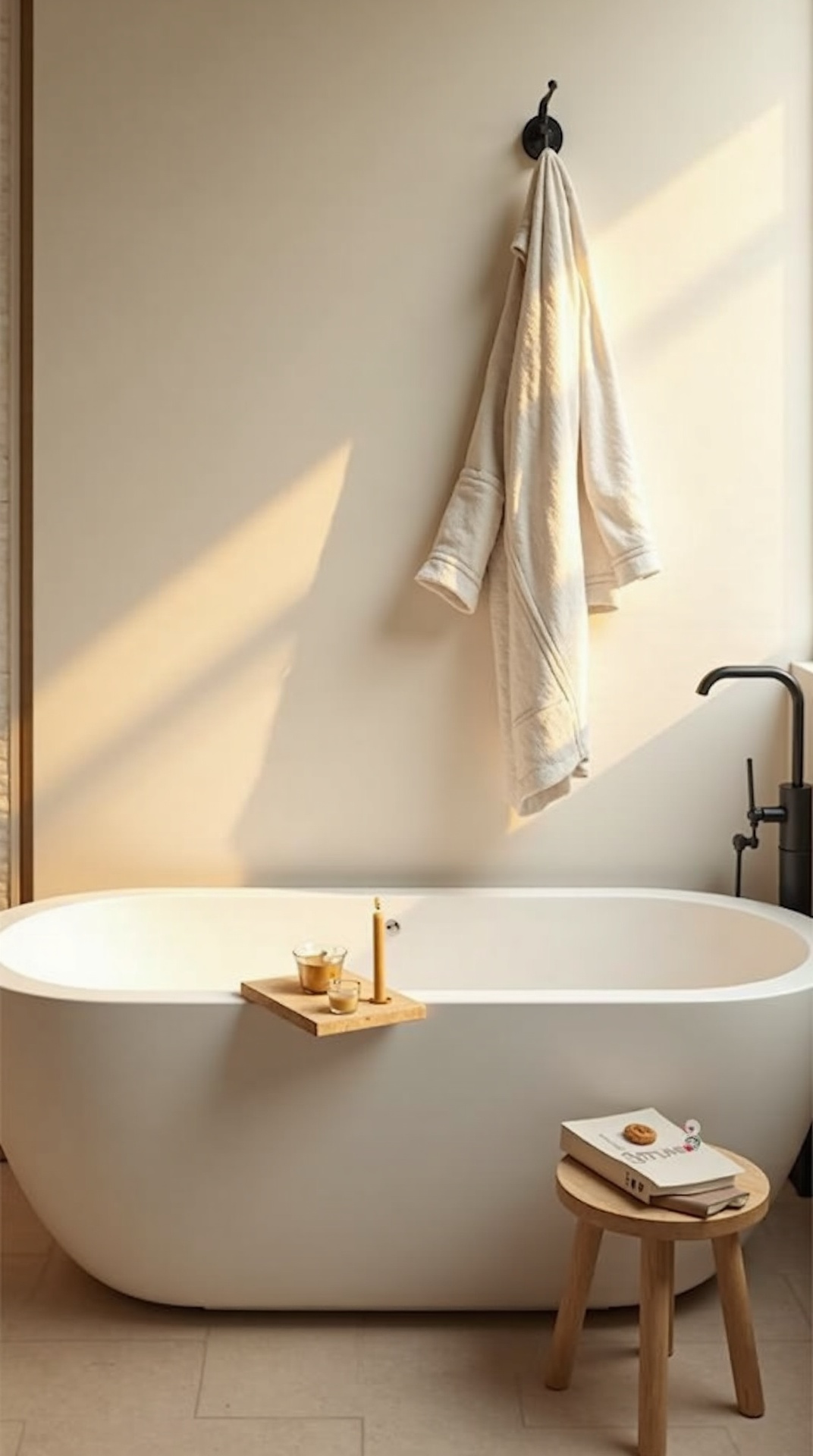 Freestanding tub with a wooden caddy, book, and candle in soft morning light in a japandi bathroom
